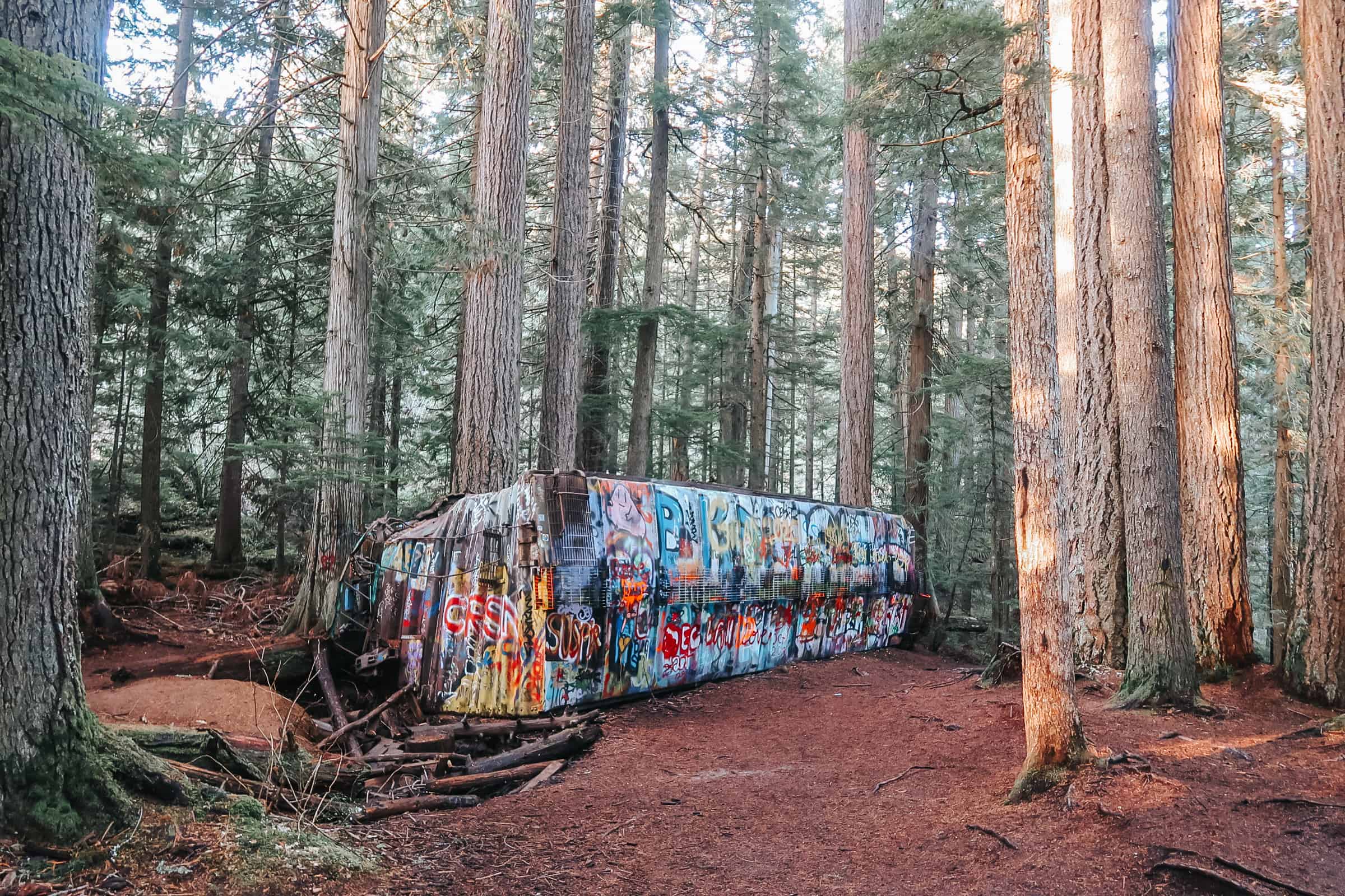 An abandoned train box car sitting on the forest and covered in colourful graffiti. The Whistler Train Wreck is one of the top things to in Whistler all year-round.