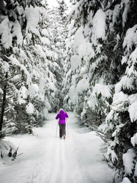 Photo of a woman cross country skiing in a narrow trail with snow covered trees on either side.