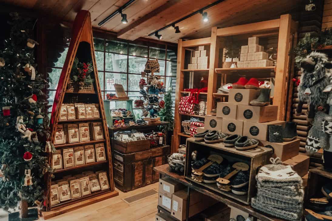 The Trading Post gift shop features Canadian souvenirs such as hats, gloves, scarves, smoked salmon and maple syrup