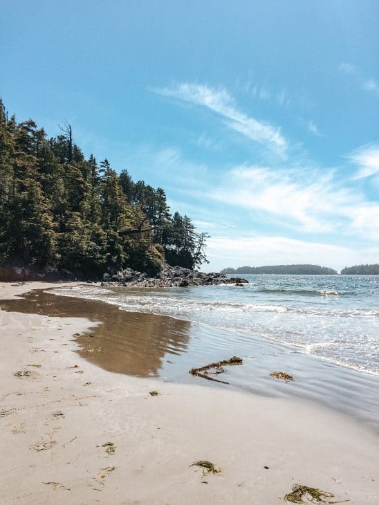Tonquin Beach Tofino - photo of a beach with shallow waves and light flat sand with a rocky shore and green trees in the background.