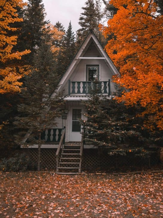 A-frame cabin surrounded by fall foliage