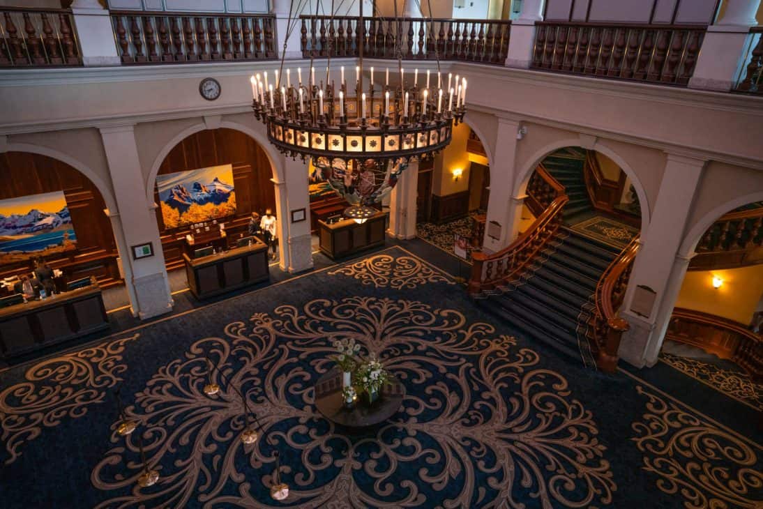 The beautifully ornate lobby at the Fairmont Chateau Lake Louise. 
