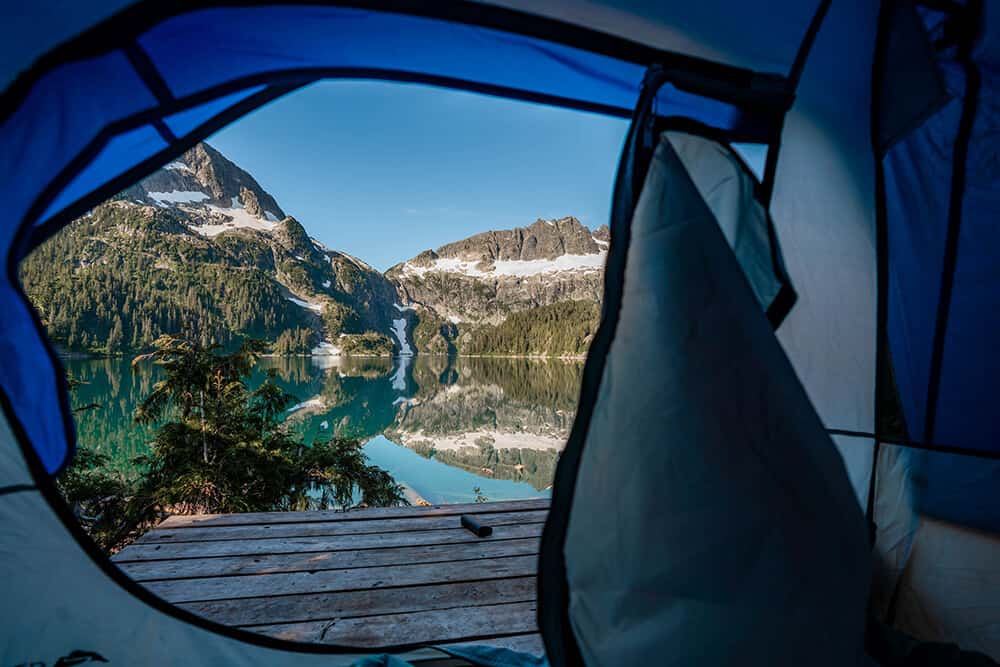 Tent view of Lake Lovely Water in the morning.