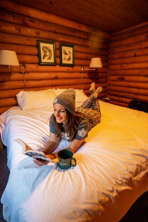 Chilling in our beautiful log cabin at Cusheon Lake Resort. 