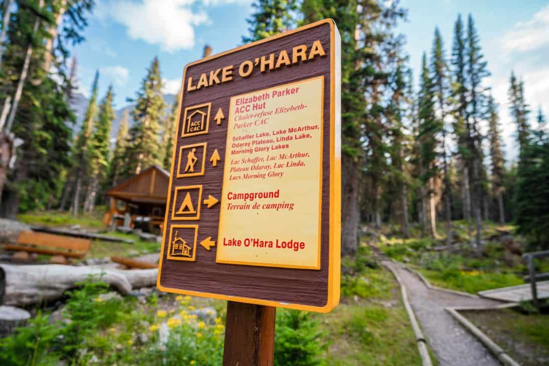Photo of a brown wooden sign with "Lake O'Hara written at the top and then arrows pointing in different directions with hiking trail names. Hiking is the top activity at Lake O'Hara.