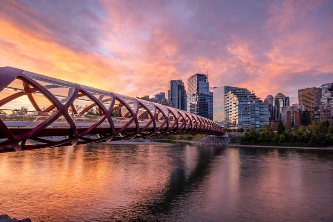 The Peace Bridge in Calgary at sunset.
