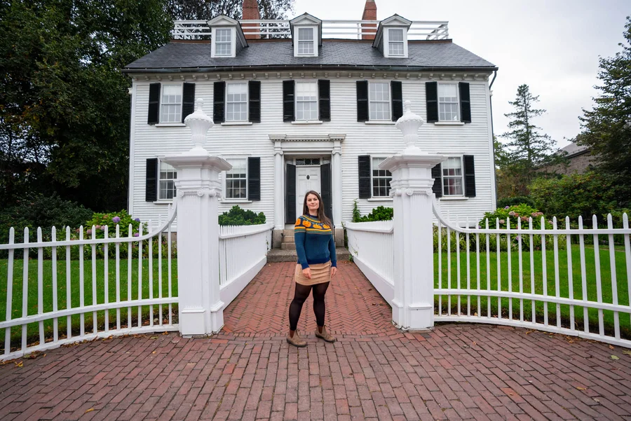 Rachael standing outside the Ropes Mansion, one of the top things to see on a Salem day trip from Boston. 