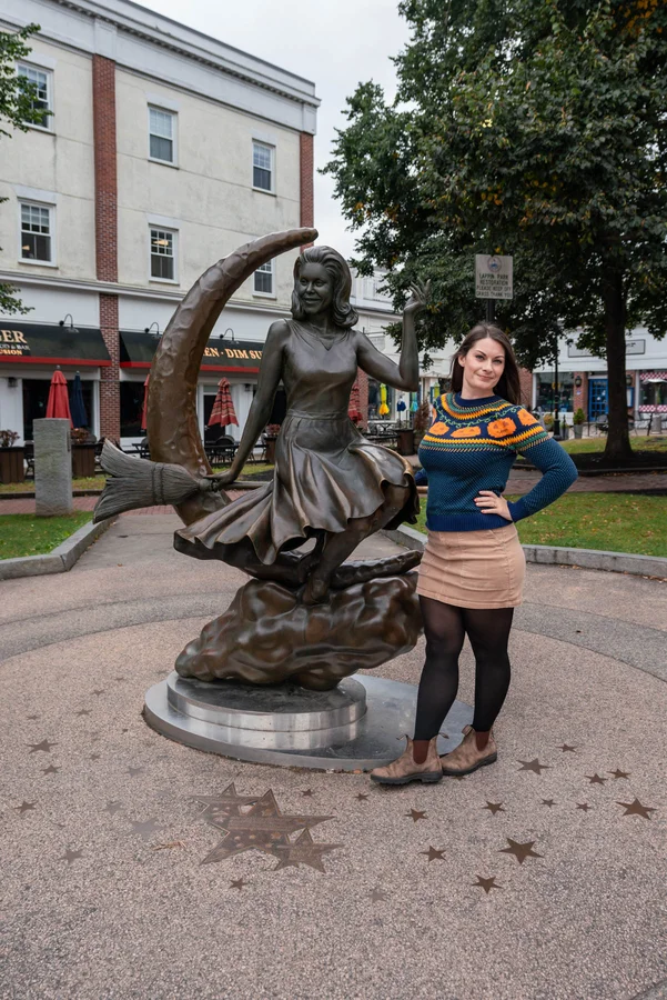 Rachael with the Bewitched statue in Salem, Massachusetts.